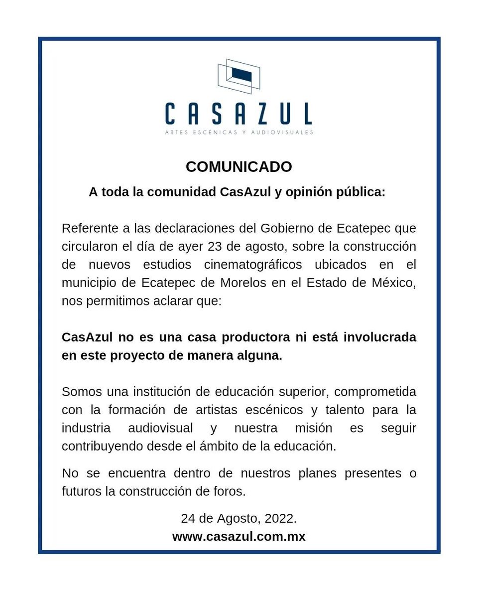 Estudios_GGM's tweet photo. CasAzul y ninguna empresa de nuestro grupo, están involucradas en este proyecto. Deseamos mucho éxito a los inversionistas. La única sede de los estudios GGM es en Tlalnepantla de Baz. 🦋✨️
#eggm #foros #soundstages #hubcreativo #tlalnewood #casazul https://t.co/vz6pOERtKo
