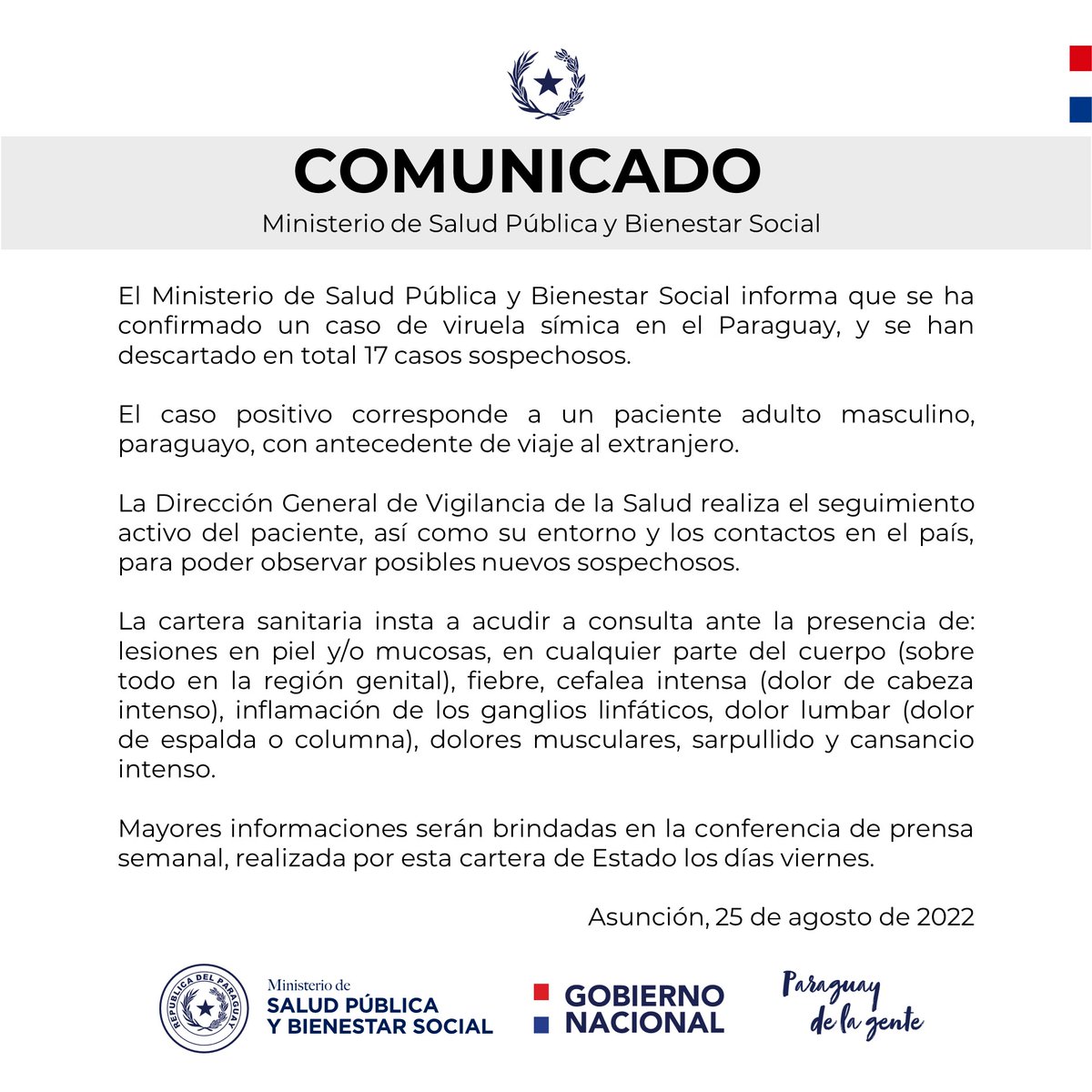 msaludpy's tweet photo. #COMUNICADO | El Ministerio de Salud Pública y Bienestar Social informa que se ha confirmado un caso de #ViruelaSímica en el Paraguay, y se han descartado en total 17 casos sospechosos. https://t.co/xttBjtXgI5