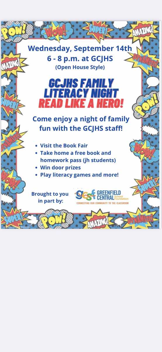 MrsCaryteaches's tweet photo. Save the date! Wednesday, September 14th from 6pm-8pm. #gcjhsliteracynight2022 #gcjhreads https://t.co/2PybdCYUas