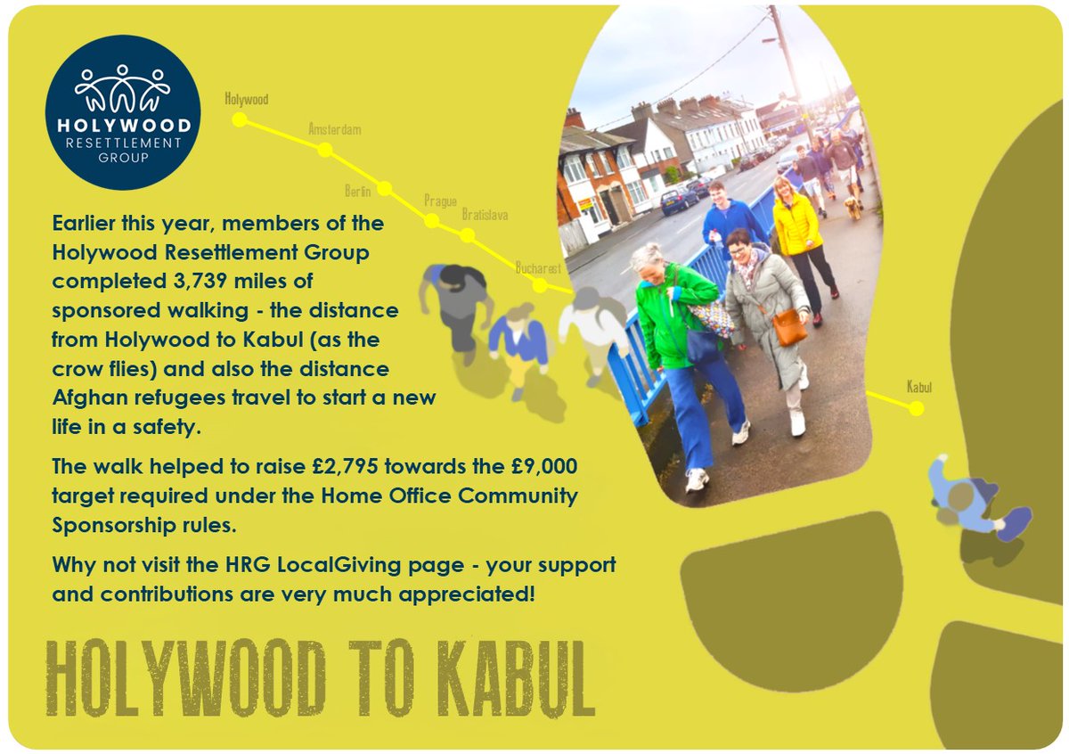Holywood_Shared's tweet photo. The Holywood Resettlement Group completed the equivalent of a Holywood to Kabul walk this year to raise funds towards the £9000 required under Home Office Community Sponsorship rules. 
Visit their @Localgiving page and help the group reach their target - https://t.co/MvkOElSvCY https://t.co/15CQGW7J05