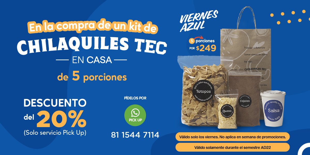 TECcampusMTY's tweet photo. Hoy es #VIERNESAZUL 💙🤟
Y por eso te tenemos esta promoción...
En la compra de un kit de #ChilaquilesTec de 5 porciones recibe un descuento del 2️⃣0️⃣% 🍽🤩
👉Promoción válida solo los viernes. https://t.co/rNUz8LKjvc