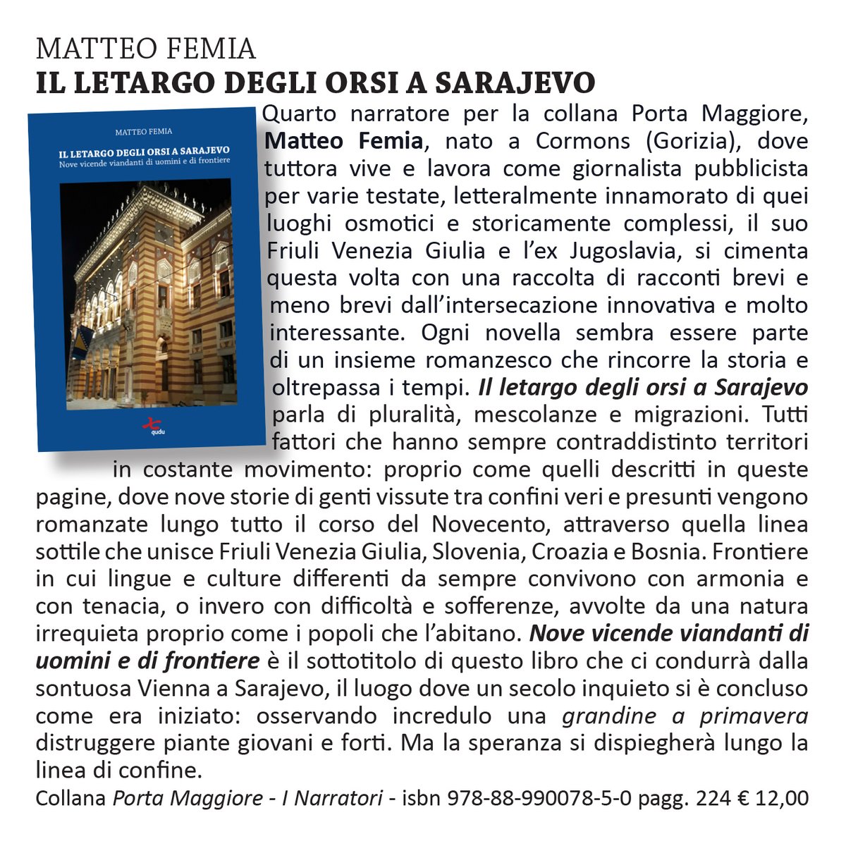 qudulibri's tweet photo. Oggi รจ il 30ยฐ anniversario della distruzione della biblioteca nazionale di Sarajevo. Grazie a #matteofemia che ce lo ha ricordato e che l'ha voluta fortemente come copertina della sua raccolta di racconti "Il letargo degli orsi a Sarajevo" edita dalla nostra @qudulibri ๐๐ https://t.co/hWHlRuqCD3