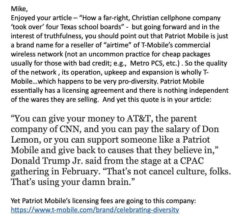 Mike_Hixenbaugh's tweet photo. An additional note on my story this morning about Patriot Mobile: Some wireless industry insiders have contacted me to point out that the company doesn't have its own wireless network — it has a licensing deal with T-Mobile.

One expert on why that's important/relevant 👇 https://t.co/CpwvlYqzLE