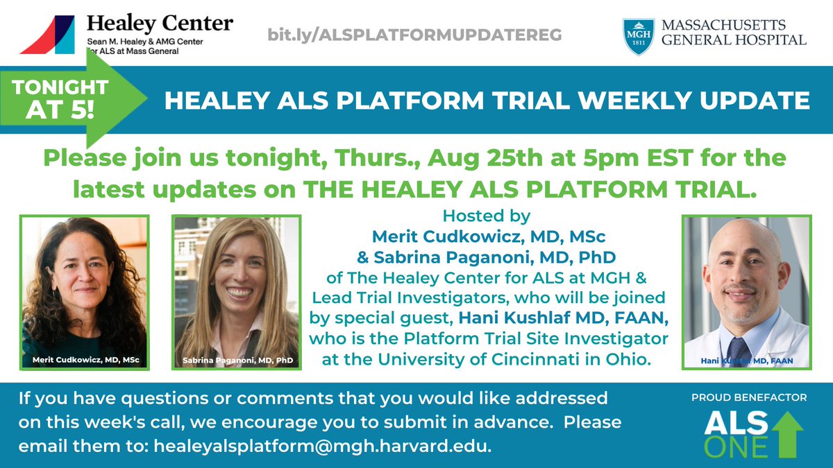 alsone_official's tweet image. Tonight @5pm ET - the latest updates on THE HEALEY #ALSPlatformTrial w/hosts @MeritCudkowicz &amp;amp; @PaganoniMDPhD of @MGHNeurology &amp;amp; Lead Trial Investigators, who'll be joined by Hani Kushlaf MD, FAAN, Trial Site Invest @ U. of Cinci. Reg@ bit.ly/ALSPLATFORMUPD….
#EndALS #HealeyHope