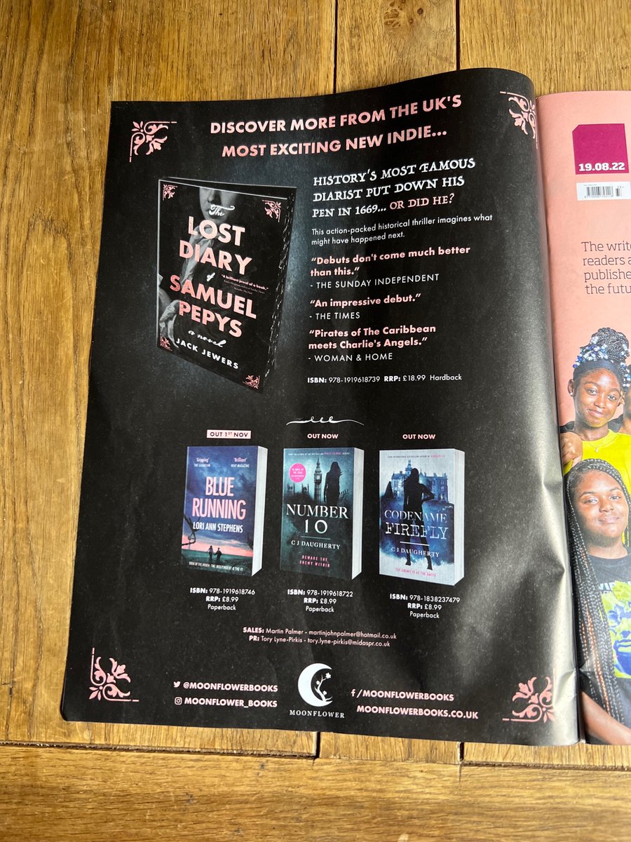 moonflowerbooks's tweet photo. Ooh, @GregMosseโs #TheComingDarkness is looking so gooood on the cover of @thebookseller โ and so do @jackjewersโ #TheLostDiaryOfSamuelPepys, @lorifromtexasโ #BlueRunning and @CJ_Daughertyโs #Number10 on the inside. Exciting times here at Moonflower HQ! https://t.co/ACstBWNKEe