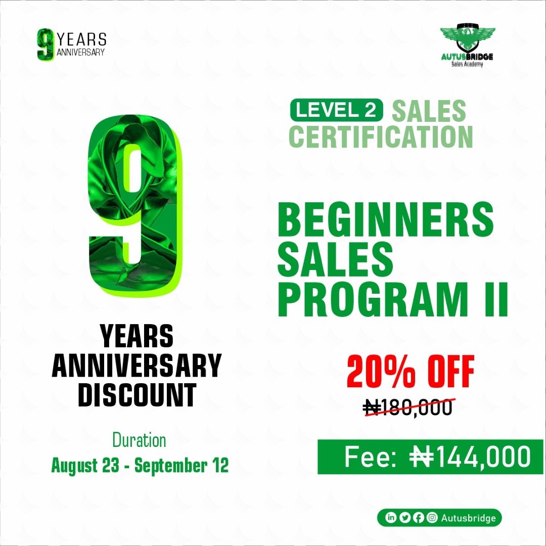 AutusBridge's tweet photo. Spreading happiness on our 9th anniversary
Have you been interested in any of our courses, are you thinking of starting a sales career or developing new skills?
#upskill #salesacademy #discount #anniversarybonus #the9th #sales #ASUU #BBNajiaS7
#Thread https://t.co/J9NTgl7kqu