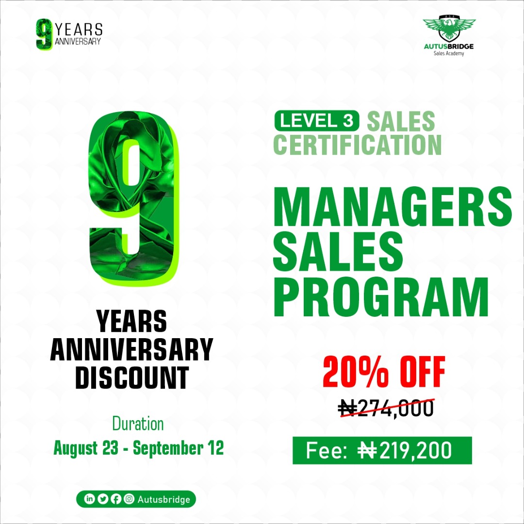 AutusBridge's tweet photo. Spreading happiness on our 9th anniversary
Have you been interested in any of our courses, are you thinking of starting a sales career or developing new skills?
#upskill #salesacademy #discount #anniversarybonus #the9th #sales #ASUU #BBNajiaS7
#Thread https://t.co/J9NTgl7kqu