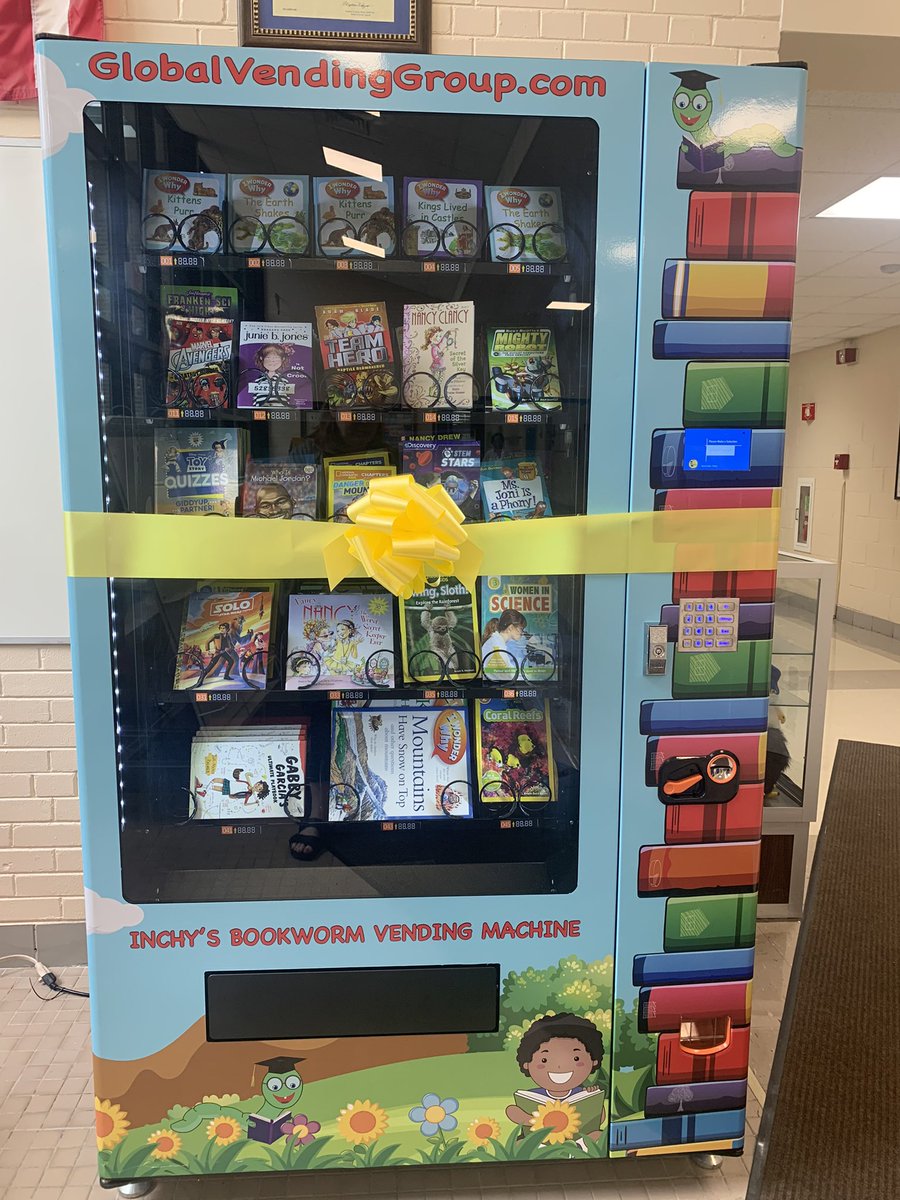 D123Sward's tweet photo. Ribbon cutting for our very own BOOK VENDING machine 📚🎉. Thank you to our Sward PTA and the D123 ED Foundation for supporting this student centered initiative. @d123_ed @MrsKramerD123 @GlobalVending #bookwormmachine #keepkidsreading #books #d123 #swd123 https://t.co/bzhJG5hHtZ