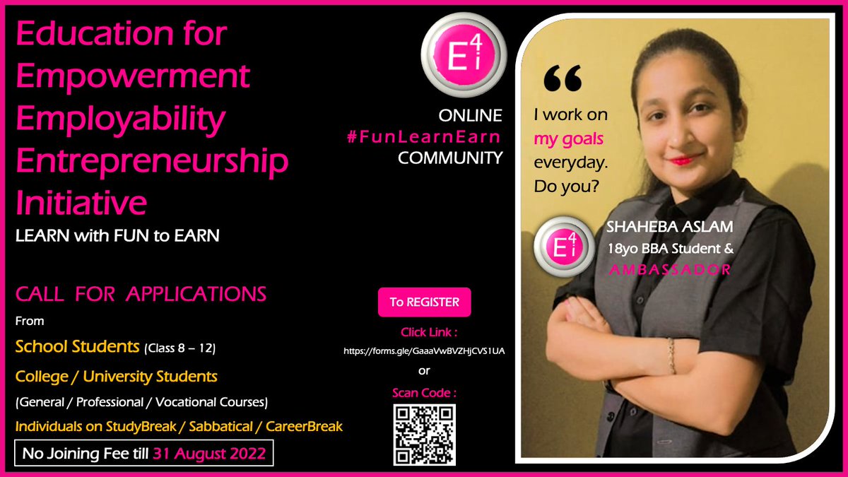 PriyaSenguptaIN's tweet photo. #IDoWhatILoveToDo: Lead #FunLearnEarn
To join #E4i :
Click https://t.co/5QUZFuk8rJ or
scan QR code.
#ReMIND : #Training, #Coaching & #Counselling
#AltaveuAcademy : #Courses, #CareerCounselling & #Placements
#Education #Empowerment #Employability #Entrepreneurship #Learn https://t.co/HiEMPV6kUr