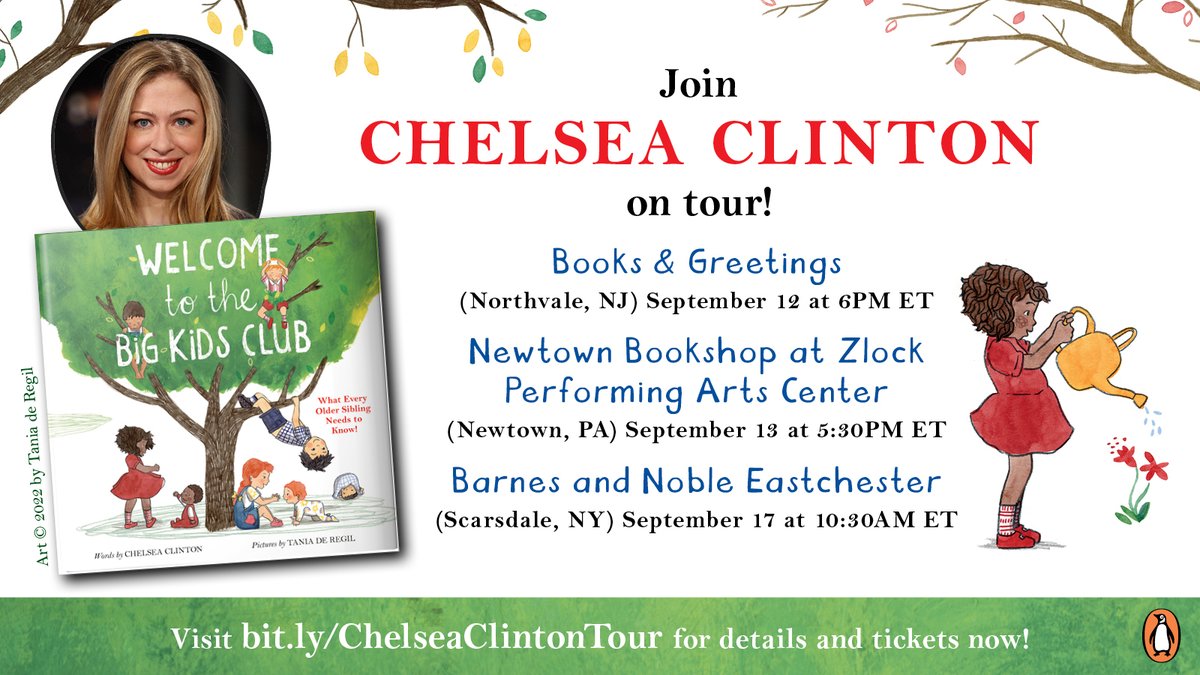 Can’t wait to finally share WELCOME TO THE BIG KIDS CLUB in a few short weeks! If you live near any of these bookstores, I hope you will come say hi! bit.ly/ChelseaClinton…