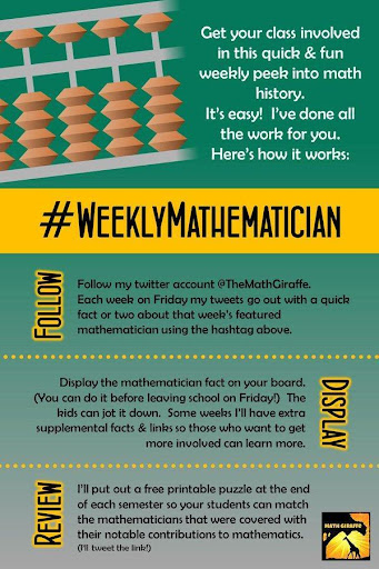 TheMathGiraffe's tweet photo. Planning on doing #WeeklyMathematician this year? Start this Friday (August 26th) so your kids have all facts they need at the end! https://t.co/u9eGBr3oTf