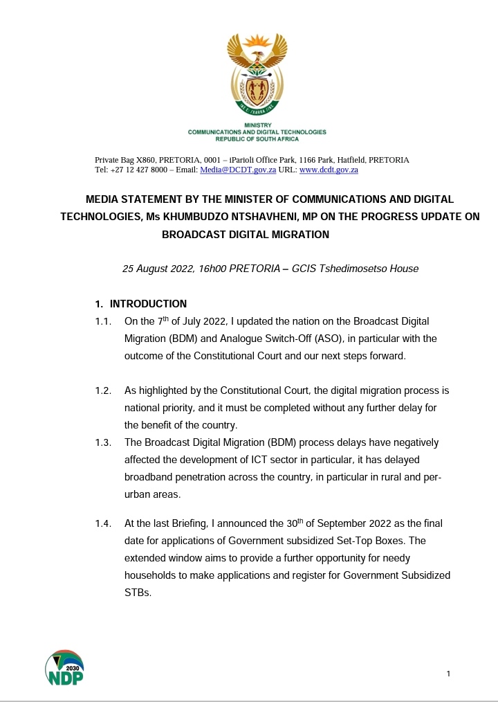 CommsZA's tweet photo. MEDIA STATEMENT BY THE MINISTER OF COMMUNICATIONS AND DIGITAL TECHNOLOGIES, Ms KHUMBUDZO NTSHAVHENI, MP ON THE PROGRESS UPDATE ON BROADCAST DIGITAL MIGRATION https://t.co/RpAA5DYarC