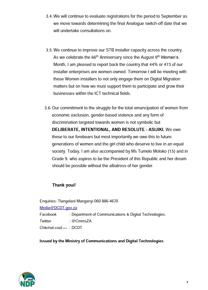 CommsZA's tweet photo. MEDIA STATEMENT BY THE MINISTER OF COMMUNICATIONS AND DIGITAL TECHNOLOGIES, Ms KHUMBUDZO NTSHAVHENI, MP ON THE PROGRESS UPDATE ON BROADCAST DIGITAL MIGRATION https://t.co/RpAA5DYarC