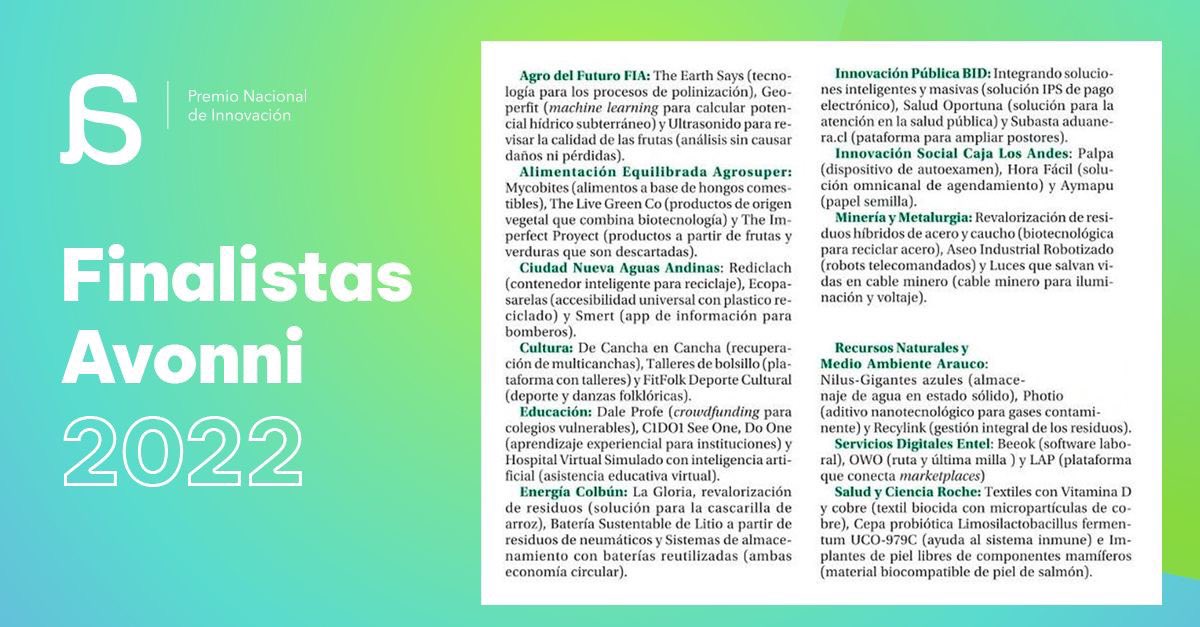 cdbolsillo's tweet photo. Conoce los finalistas del @premio_avonni #2022 Felicitaciones a #Redciclach #Ecopasarelas y #Smert de la categoría #CiudadNueva de @aguas_andinas https://t.co/c1ibwGde6Y