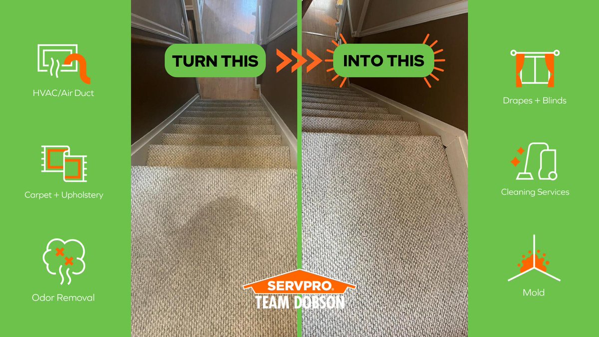 servproant's tweet image. At SERVPRO Team Dobson we can confidently say we are leading professionals in not only fire and water restoration, but also in carpet and upholstery cleaning. 

#servpro #servproteamdobson #teamdobson #carpetcleaning #restoration #restorationprofessionals