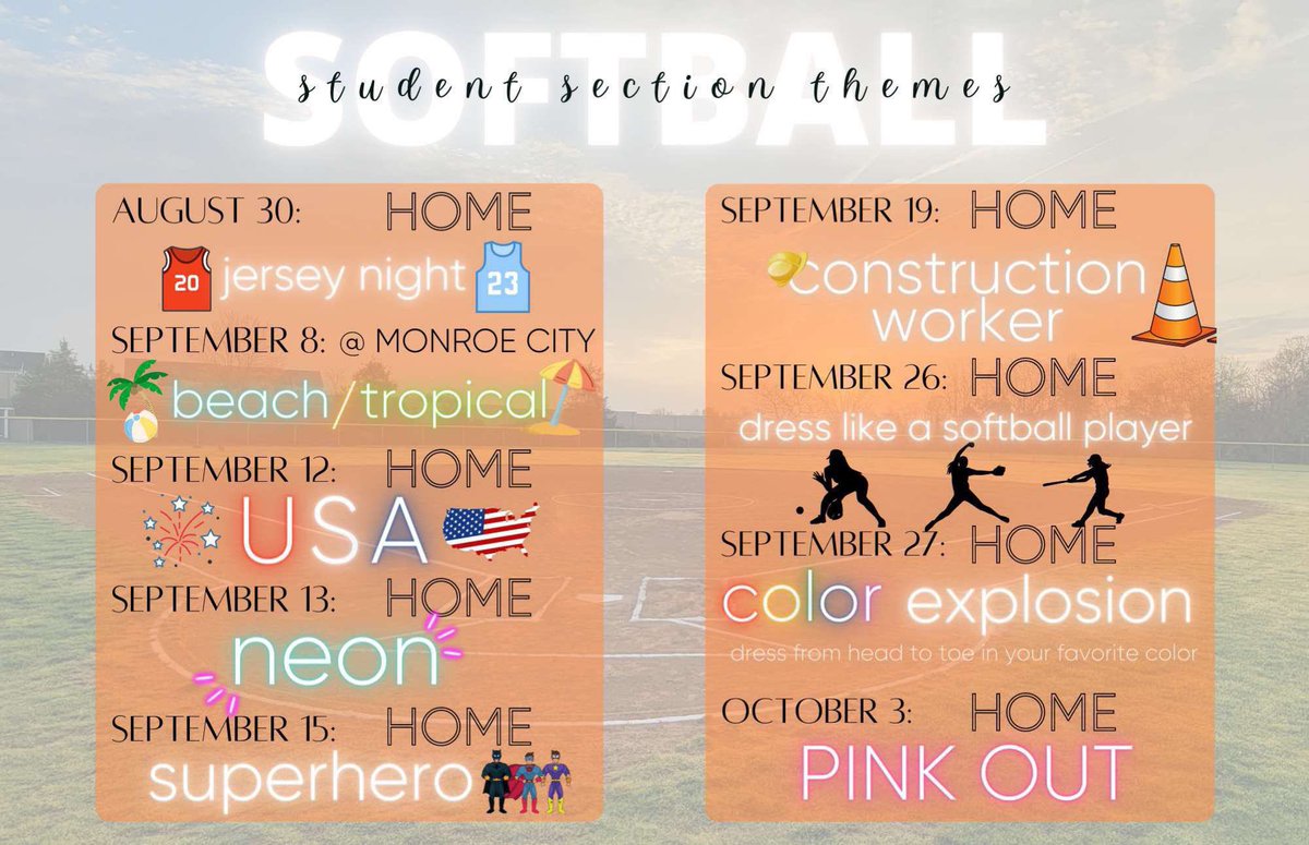 Friday night lights and Lady Panther softball is back🏈🥎Let’s Pack the Stands and Outfield for our Panther athletes‼️ *Keep in mind themes are subject to change*