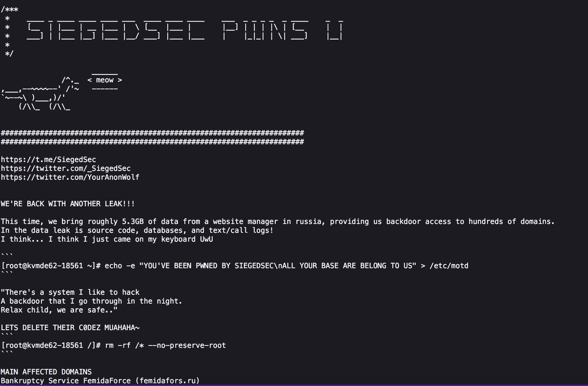 _SiegedSec's tweet photo. Hundreds of domains hacked ~ 5.3GB of source code and databases leaked!
Bankruptcy service, call center, education services, and plenty more hacked!

https://t.co/Ul1FQciatR https://t.co/4V7Oa0WR5o