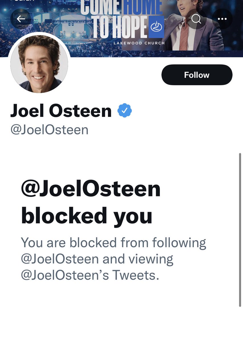 jenresisted's tweet photo. Why is Joel Osteen trending? He blocked me for asking him why his god always needs money. https://t.co/XgEqIE6mRd