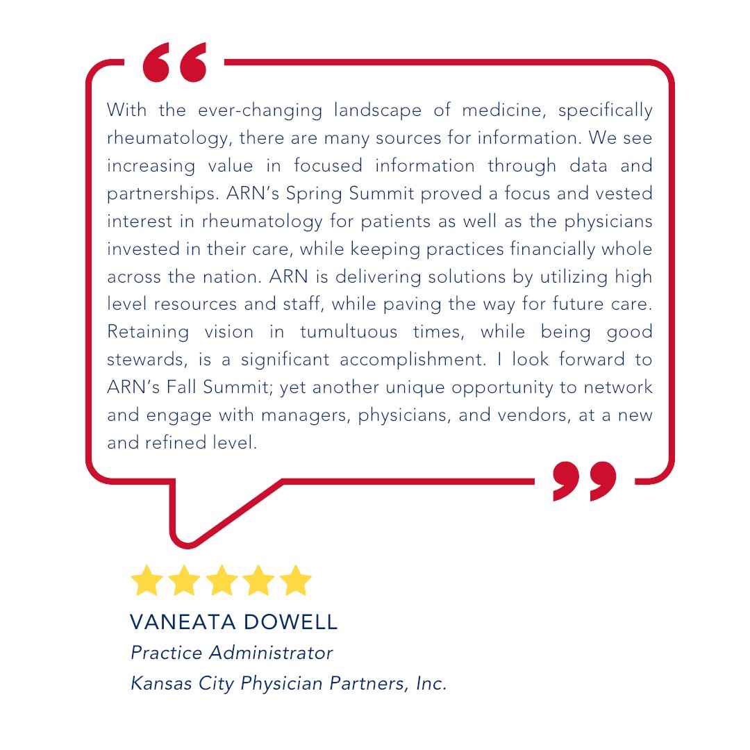 AmericanRheum's tweet photo. Our members weigh in on why ARN's October 28-29 Fall #Summit is a must-attend event for private practice #physicians, practice administrators, APPs, and #nurses!

Register today by clicking here: https://t.co/sCmphlc62x

#ARNFall2022 https://t.co/wG8I9SJ3xg