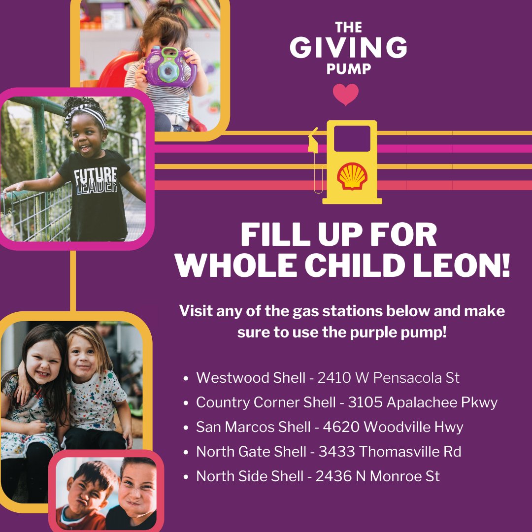 WCLeon's tweet photo. Don't forget! Now through October 31 you can fill up for a good cause at the 5 shell stations listed. Make sure to visit the purple pump to donate to Whole Child Leon! https://t.co/oCRc6VNNWn
