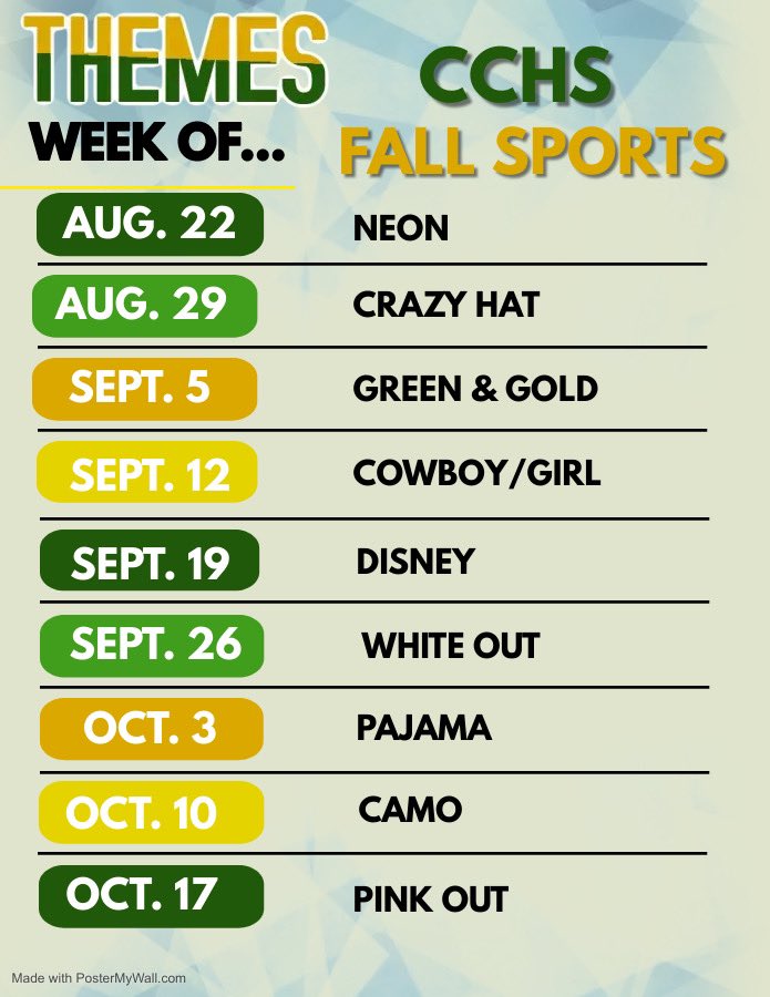 CCLEADERSHIP21's tweet photo. The Fall Sports Theme of the Weeks! https://t.co/SURyCvJcE3