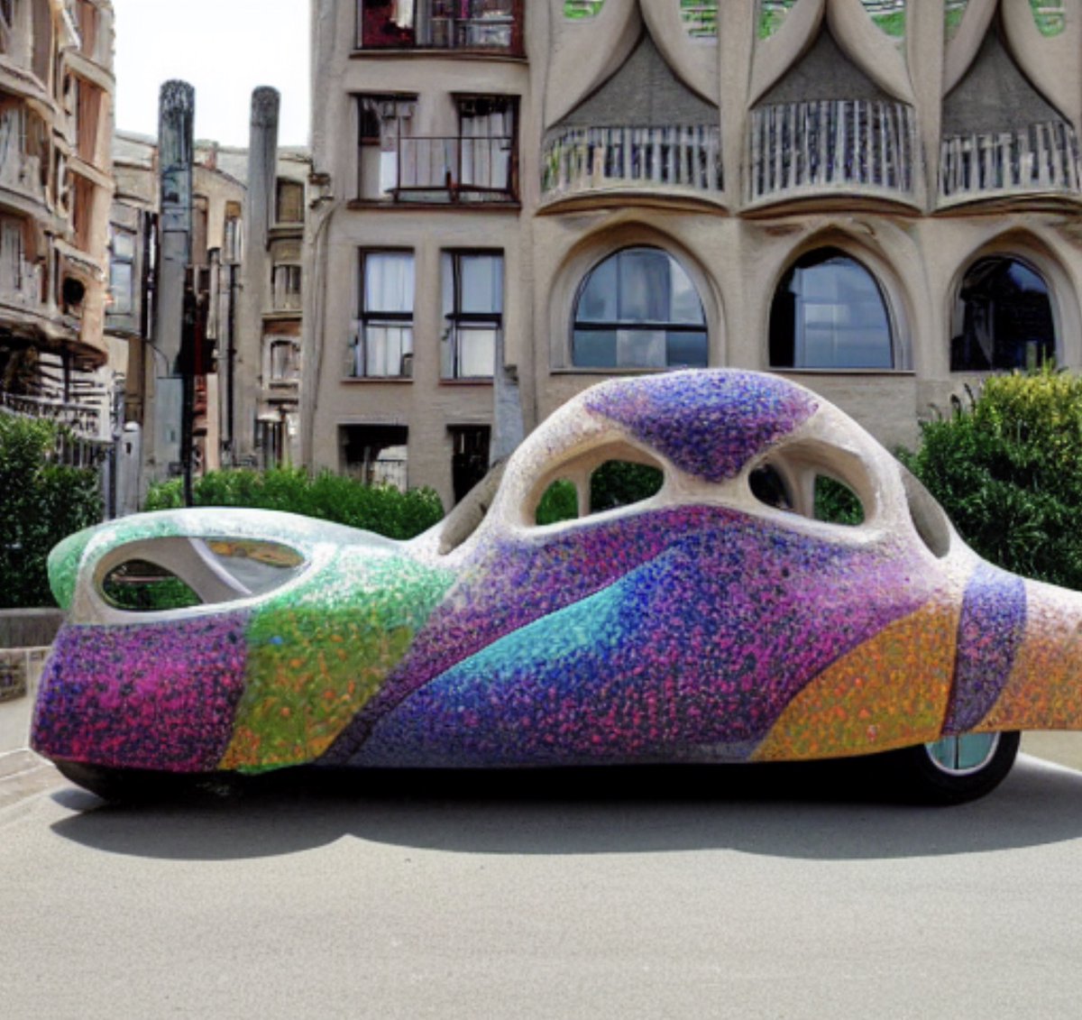 NathanJRobinson's tweet photo. I asked the AI to design "Gaudí cars" and the results are way better than anything currently on the road. why are cars so boring https://t.co/Yyc49sgF9M