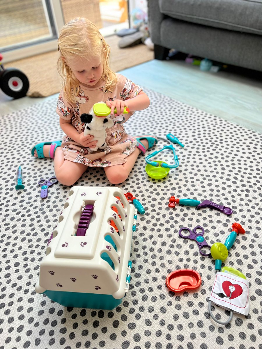 This Dalmatian dog is getting a full health check from our Battat Vet Kit child tester (love the matching spotty carpet!) #toys #parenting