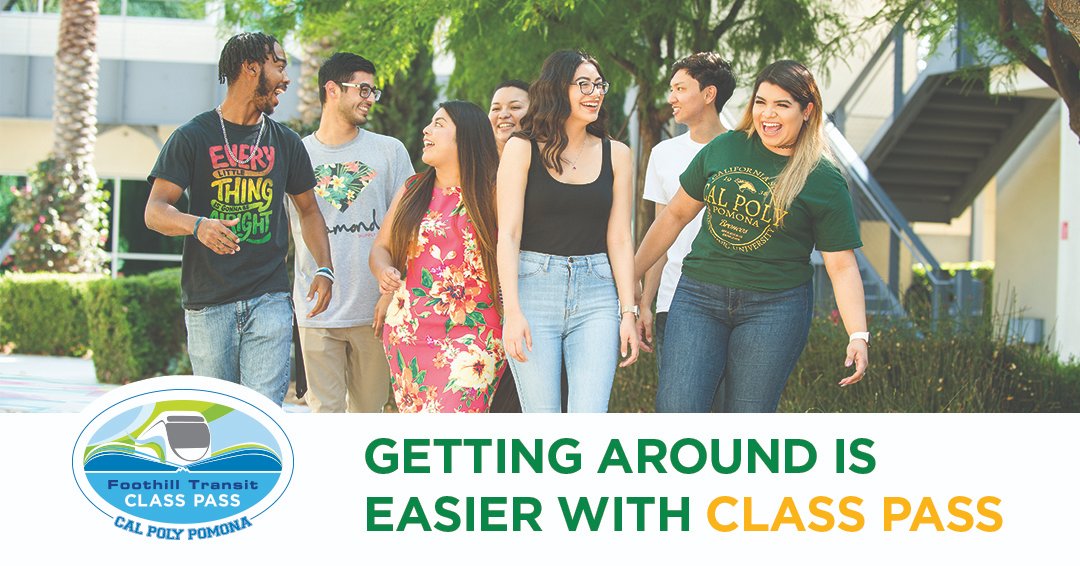 ATTN: @CalPolyPomona and <a href="/FoothillTransit/">Foothill Transit</a> have teamed up to bring students the Class Pass—free, unlimited bus rides all year long! Head to the <a href="/ASICPP/">ASI Cal Poly Pomona</a> Games Room, Etc. to pick up your Class Pass today! Visit cpp.edu/transportation… to learn more.