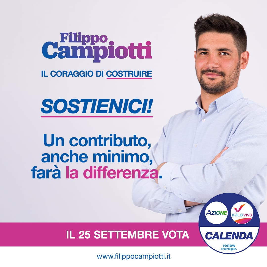 Sostenere la campagna elettorale ha un costo: insieme possiamo fare la differenza. Anche con un piccolo contributo economico, possiamo sostenere la nostra campagna. Visita il nostro sito a questo link se vuoi darci una mano!

filippocampiotti.it/sostienici/

<a href="/ItaliaViva/">Italia Viva</a> <a href="/Azione_it/">Azione</a>
