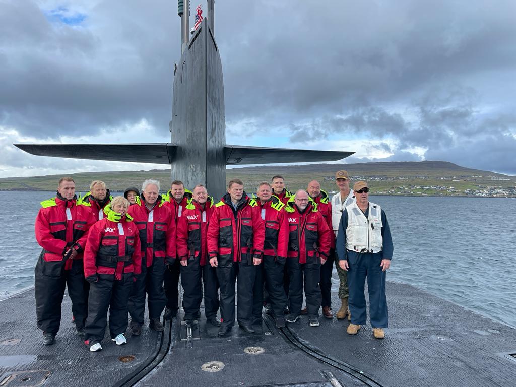 USNavyEurope's tweet photo. A great day in the waters of #FaroeIslands welcoming🇫🇴 Prime Minister Bárður á Steig Nielsen, 🇩🇰 High Commissioner Lene Johansen, and @USAmbDenmark onboard USS Georgia (SSGN-729) to continue building #NATO alliance cohesion. https://t.co/XxGnWxfdKk