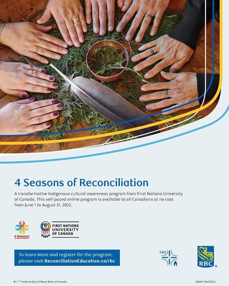 FNUNIVCAN's tweet photo. Did you know 4 Seasons of Reconciliation online program is open to all Canadians? 
It’s free and available until August 31st!
Thank you to our partners @rbc and @reconciliation_education for making this possible.
Register today at https://t.co/4oUJdFvpch https://t.co/qvBtnkEn1i