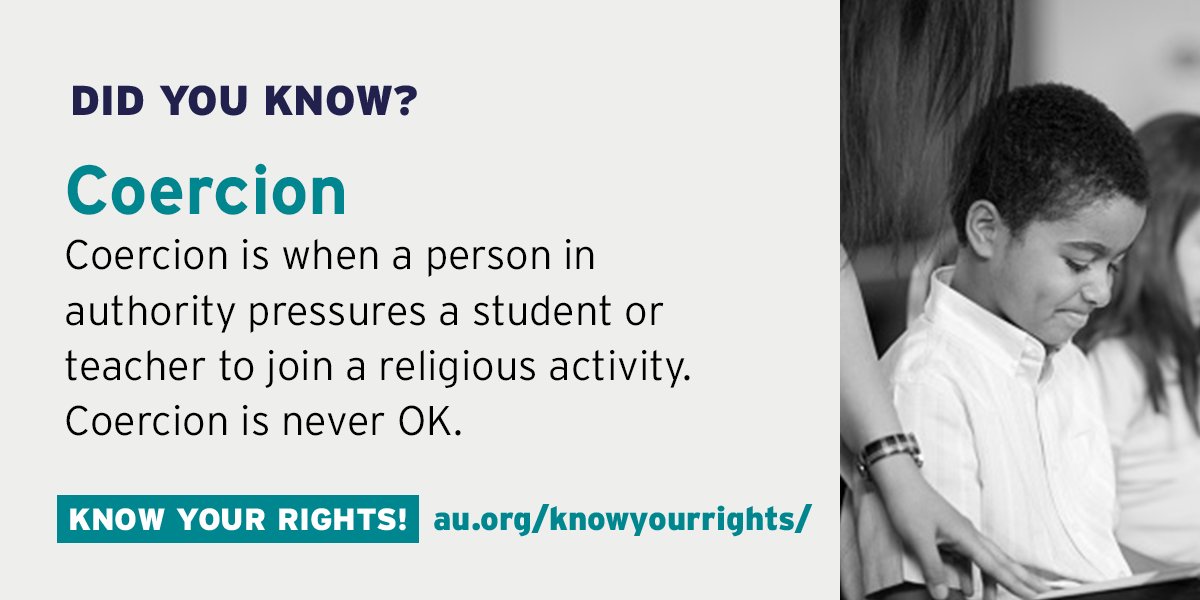 americansunited's tweet photo. Coercion is NEVER ok.

Find out more at https://t.co/MA1H3Kmzl2

#separationofchurchandstate #RealReligiousFreedom #KnowYourRights #NoPrayToPlay https://t.co/Z1oMANaERV