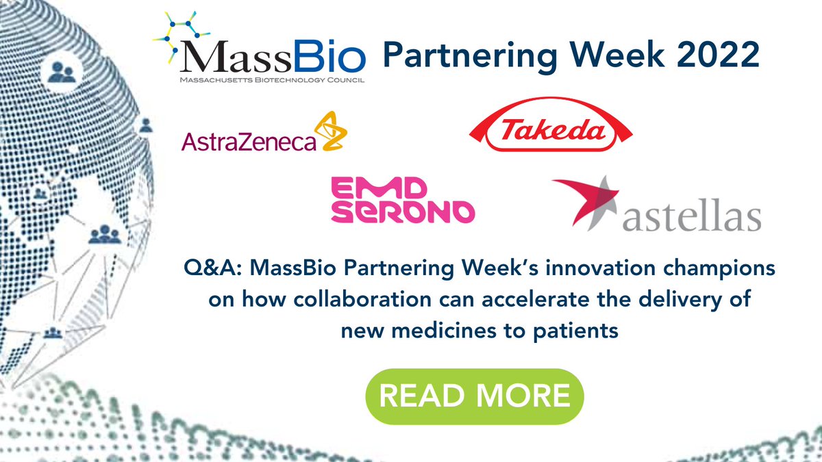 MassBio's tweet photo. Ahead of MassBio’s 2022 #PartneringWeek, we sat down with this year’s innovation champions – @EMDSerono, @TakedaPharma, @AstraZeneca and @AstellasUS – for a conversation about the current state of biopharma partnerships.

Read what they had to say here: https://t.co/U9fOCnZGQa https://t.co/fItCXQim10