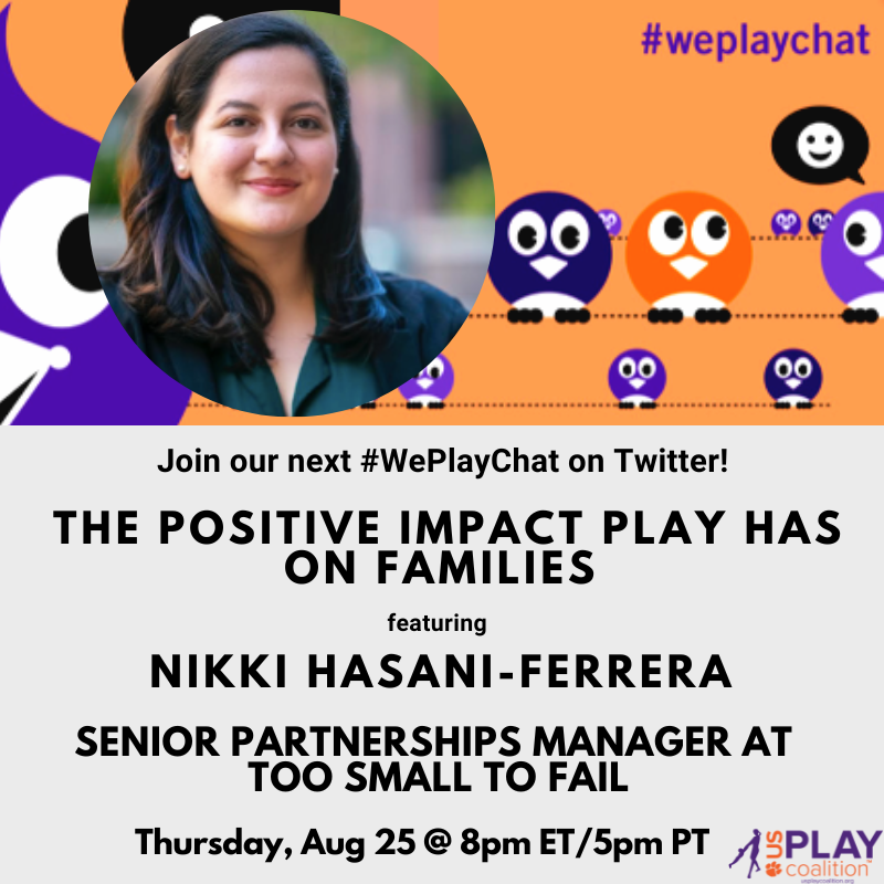 USPlayCoalition's tweet photo. Tonight @ 8PM EST we go live with Nikki from @2SmallToFail to discuss the positive impact play has on families during our Aug #WePlayChat.
Be sure to mark your calendars, you won't want to miss this chat! ๐
#WePlay #TooSmallToFail https://t.co/FfgZQ1vJas