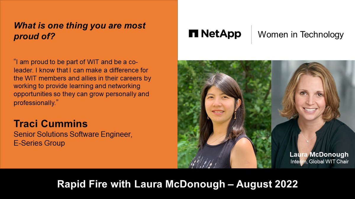 NetAppWIT's tweet image. Laura McDonough talks with @NetApp &apos;s Traci Cummings in this month&apos;s Rapid Fire series. This series shares the work across NetApp through our WIT leaders.  

Traci shares her responsibilities as she is a developer and scrum master for the E-Series Ansible team.

#NetAppWIT