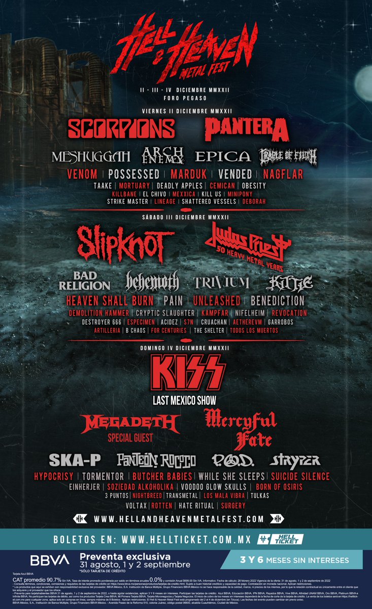 summainferno's tweet photo. KISS, Pantera, Judas Priest, Slipknot, Megadeth, Mercyful Fate, Scorpions y muchas bandas más | Hell and Heaven Open Air 2022 | 2, 3 y 4 de diciembre - Foro Pegaso 
Preventa BBVA a partir del 31 de agosto, boletos en: https://t.co/kDOciS0xwt https://t.co/4t8p3e7mBo