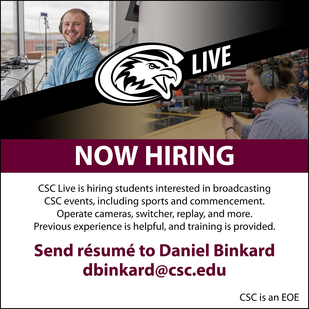 chadronstate's tweet image. Become a part of the College Relations&apos; CSC Live team! Email dbinkard@csc.edu. ow.ly/8OVX50KqCHT #CSCLive #livestreaming #livebroadcasts #chadronstatecollege #wearecsc