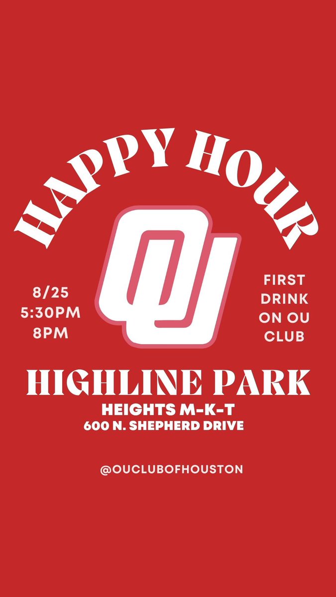 OUClubofHouston's tweet photo. Houston Sooners! If you haven’t heard the news, we’ve moved our watch party location to Highline Park in The Heights! To kick off the move, the @OUClubofHouston is hosting a happy hour TONIGHT at Highline! Hope to see you there! https://t.co/OgIhC0T10U