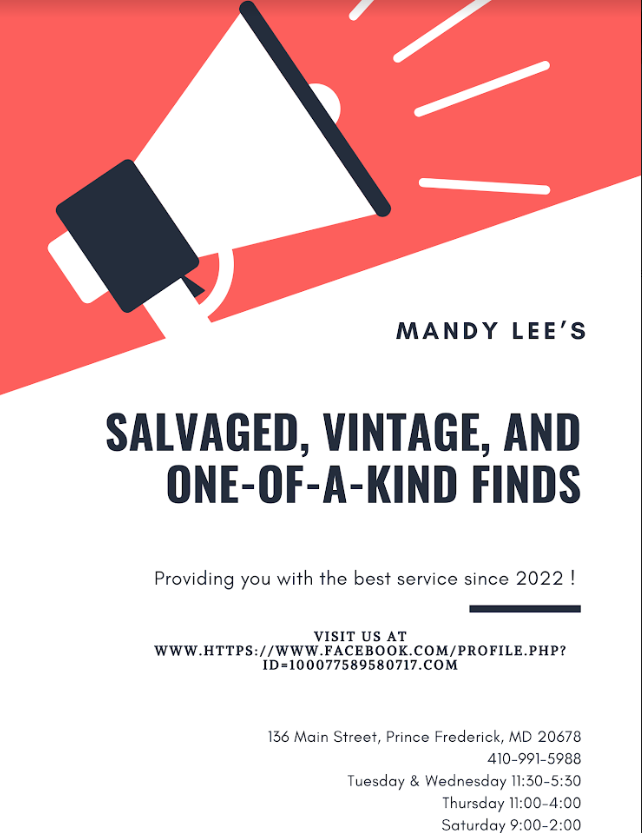 calvertmba's tweet photo. CCMBA Welcome Mandy Lee’s

Salvaged, Vintage, and One-of-a-Kind Finds
136 Main Street, Prince Frederick, MD 20678

410-991-5988

Tuesday &amp; Wednesday 11:30-5:30

Thursday 11:00-4:00

Saturday 9:00-2:00

#CCMBANewestMember
#Digital_Med_Ex1 https://t.co/98ITh4D0RR