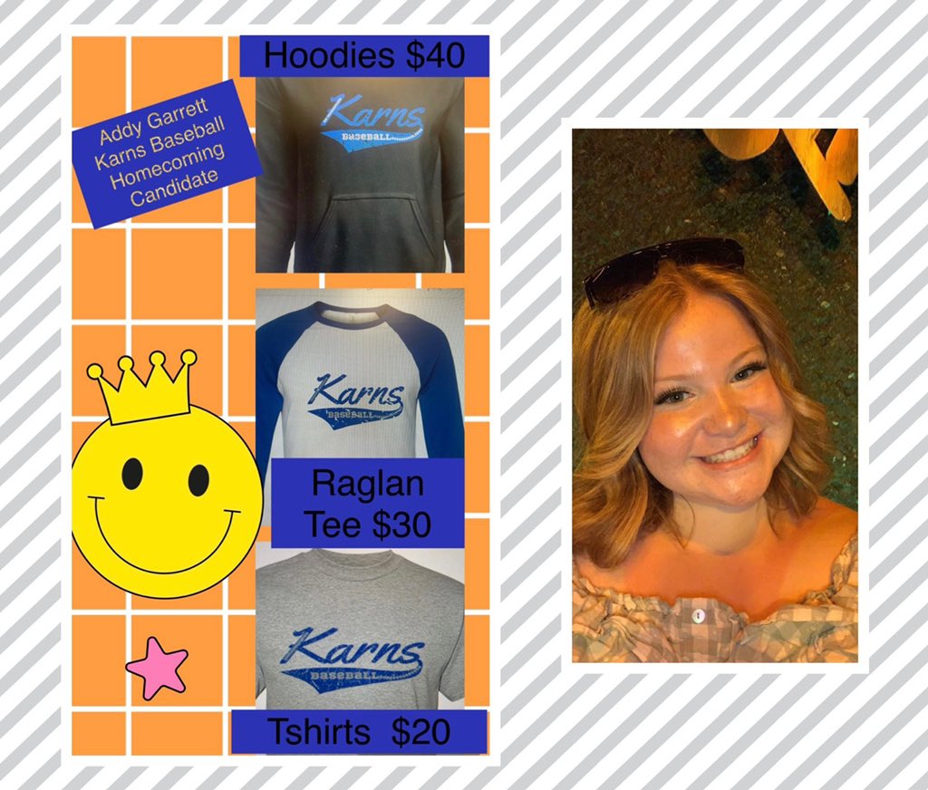 Addy Garrett is running for Homecoming! Support her and Karns Baseball! If would like to get a Karns Baseball hoodie, raglan tee, or tee shirt please reach out to Mandy Garrett at (865) 384-7342.