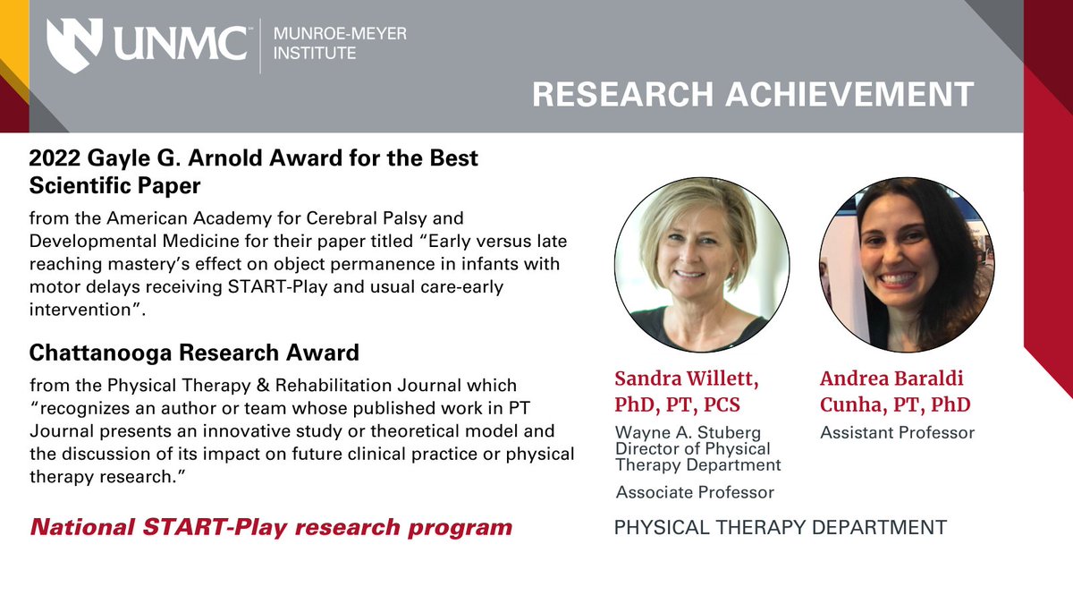 unmc_mmi's tweet photo. Congrats Dr. Sandra Willett and Dr. Andrea Cunha and the #STARTplay research team for receiving two prestigious awards! #unmcMMI #mmiResearch #ResearchAchievement #Research #mmiPT #PhysicalTherapyResearch #EarlyIntervention #MotorDevelopment #MotorDelays #CP @JenniBlackford https://t.co/mzoPOZiVJZ