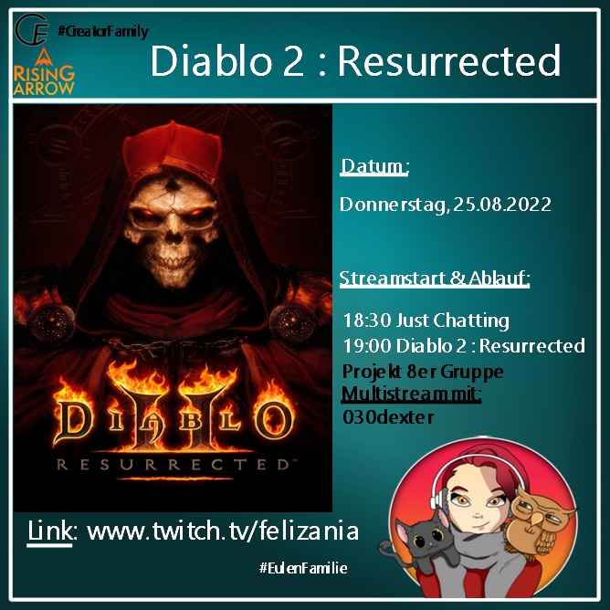 Felizania1's tweet photo. #Diablo2Resurrected #Fullgroup
Der #stream startet mit #JustChatting / danach geht es um 19 Uhr los.
➡️https://t.co/JFJrzZ7yer
#EulenFamilie #CreatorFamily #RisingArrows #twitch #twitchDE #GermanMediaRT https://t.co/W0P16Anzfm