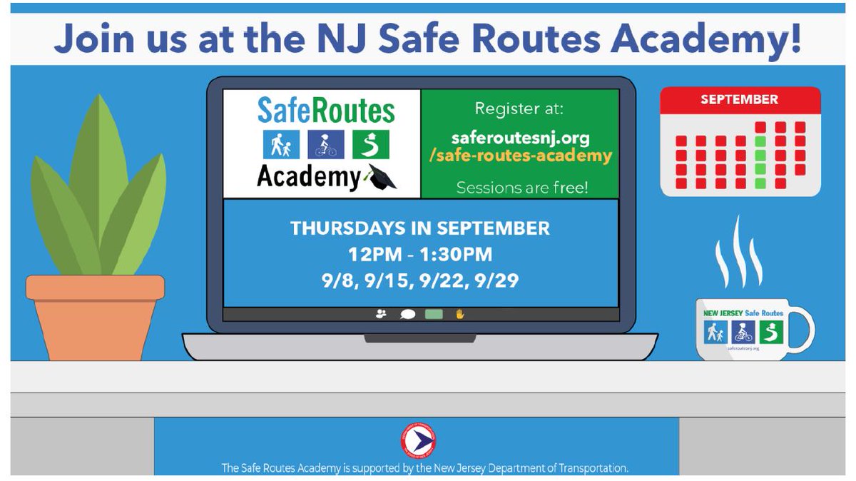 CCCTMA's tweet image. Register now for New Jersey’s Safe Routes Academy Sept. 8, 15, 22, &amp;amp; 
29. Free online webinars, sponsored by @NewJerseyDOT, highlight
resources to enable and encourage safe walking and bicycling! Register at
saferoutesnj.org/safe-routes-ac… #SafeRoutesNJ #NJDOT
