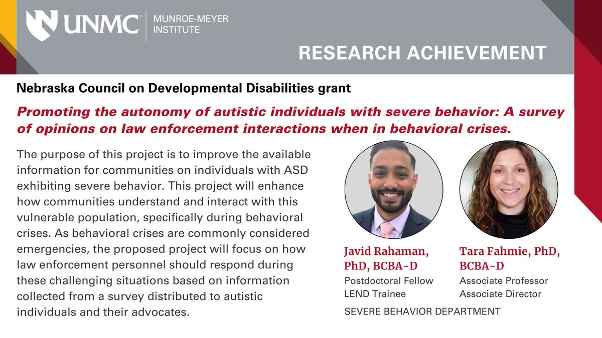 unmc_mmi's tweet photo. Congratulating Dr. Javid Rahaman and Dr. Tara Fahmie on their new grant from the Nebraska Council on Developmental Disabilities. #unmcMMI #mmiResearch #ResearchAchievement #mmiSevereBehavior #SevereBehavior #ASD #AutismSpectrumDisorder #LawEnforcementAndAutism
@JenniBlackford https://t.co/BjaNmedHnZ