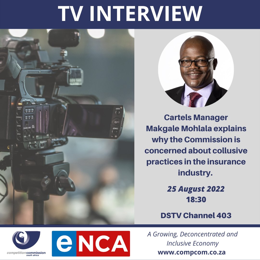 CompComSA's tweet photo. Don't miss out on the interview on @eNCA in a few minutes with the head of  #CompComSA cartels Makgale Mohlala discussing today's raids at the premises of eight major insurance companies suspected of price-fixing. #pricefixing #insurance https://t.co/eIB9944sU6