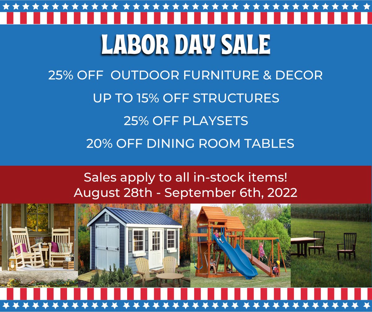 Thisnthatamish's tweet photo. Can you believe Summer is nearly over? Celebrate your last summer HOORAH with our Labor Day Sale starting this Sunday, August 28th. Up to 25% off in savings. https://t.co/3atCrUoklU