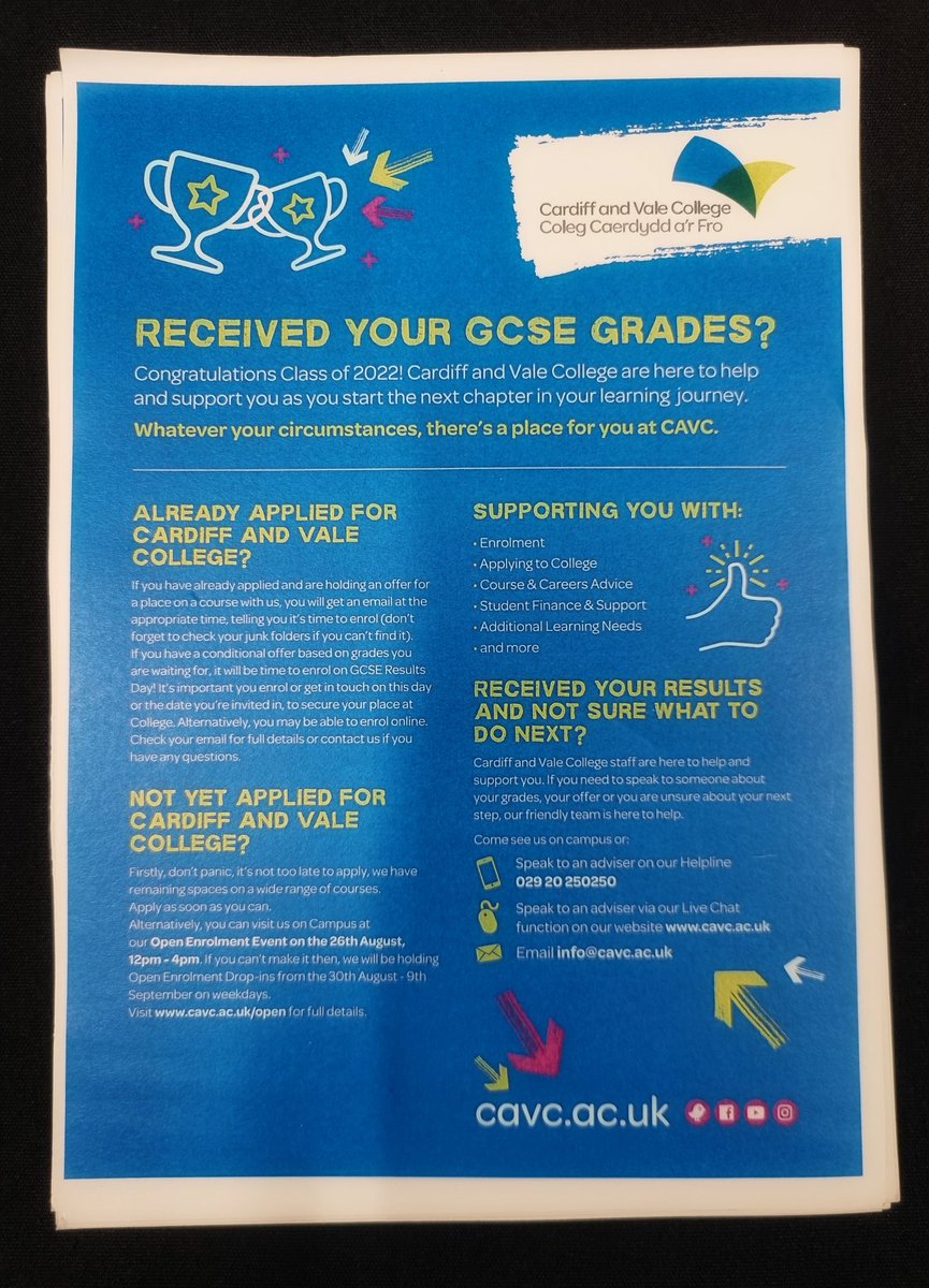 jgower_schools's tweet photo. For pupils who have picked up results and are hoping to start college, it's not too late @CAVC have Open Enrolment tomorrow - Friday 26th August at both our Barry and City Centre Campuses between 12-4pm. Bring your GCSE results with you. https://t.co/jdmZO8tebu