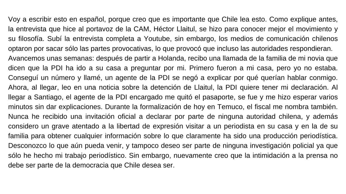 Mi declaración sobre la detención de Llaitul y intimidación de la prensa por parte de las autoridades chilenas. <a href="/mriost/">Marcela Rios Tobar 💚💜</a> @gabrielboric