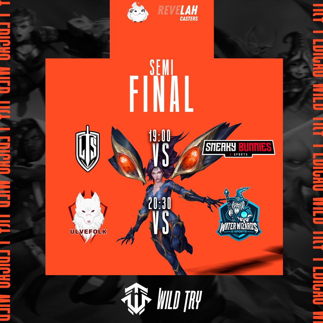 E hoje é dia de que?
De Semi finais aqui na Wild Try!!!!

19h
@Ltsesportsbr vs Sneaky Bunnies

20h30
<a href="/Ulvefolk/">Ulvefolk</a> vs WaterWizards

Apoiadores:
<a href="/pororaivoso/">Poro Raivoso - Wild Rift</a> | <a href="/RevelahCasters/">ReveLAH Casters</a>