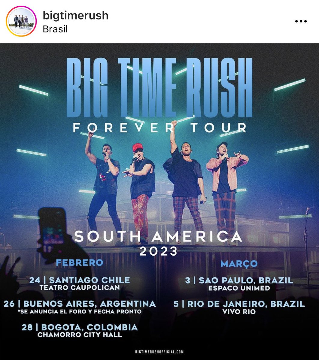 CarlosPenaVBR's tweet photo. 🚨 | VENCEMOS!

O BIG TIME RUSH ACABA DE ANUNCIAR CINCO SHOWS NA AMÉRICA DO SUL, INCLUINDO DOIS NO BRASIL! 🤩🇧🇷 

A FOREVER TOUR VEM AÍ! https://t.co/vBdQoj2HbH